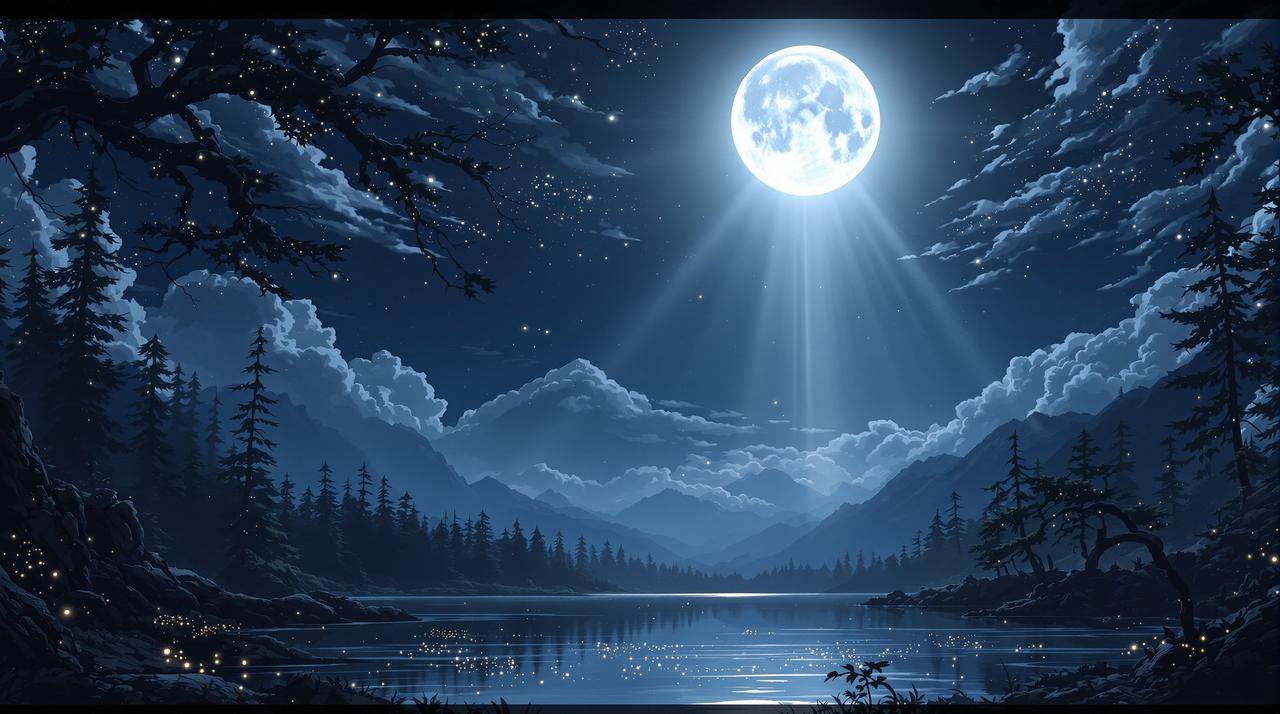 里番大全 - 清冷月光下的深夜番剧馆,月光洒落在静谧的湖面上,远山与星空交相辉映,营造出宁静深邃的追番氛围